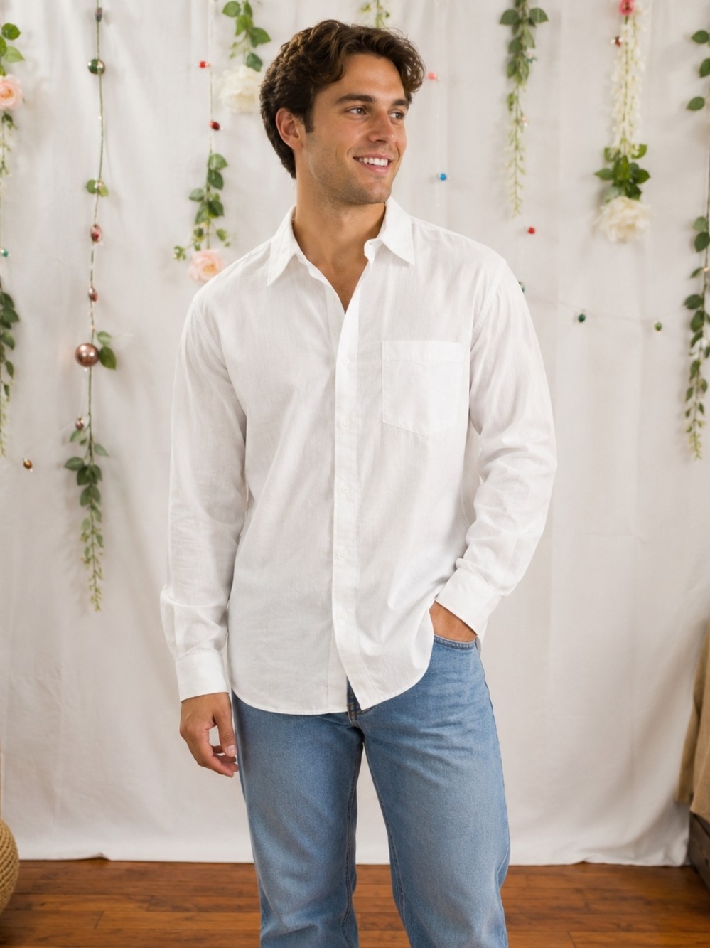 Amazon Essentials White Long-Sleeve Casual Button-Down Shirt